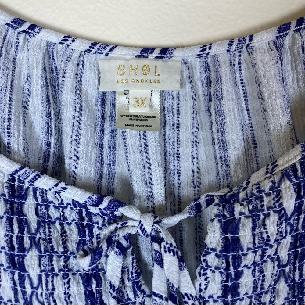 SHOL Los Angeles Blue White Stripe Smocked Peasant Top 3X - Picture 2 of 13